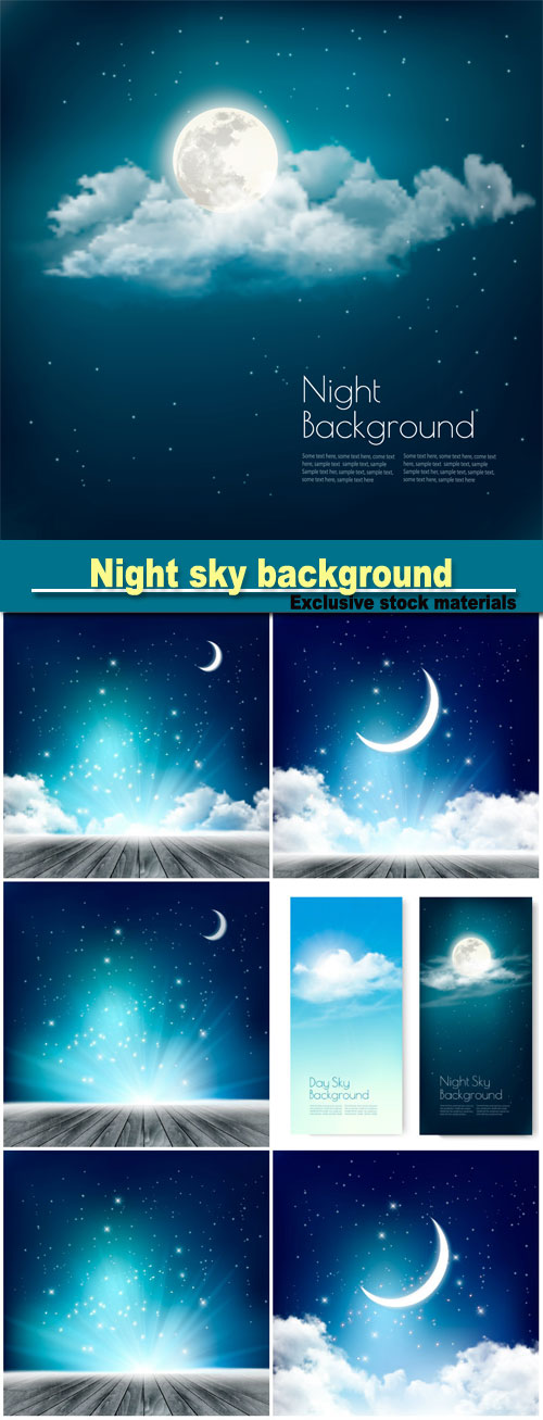 Night sky background with with crescent moon, clouds and stars