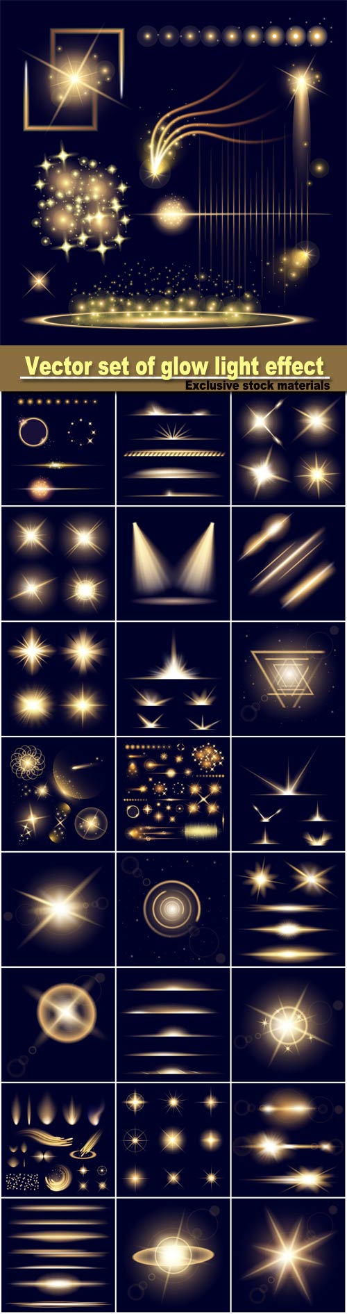 Vector set of glow light effect stars bursts with sparkles isolated on black background