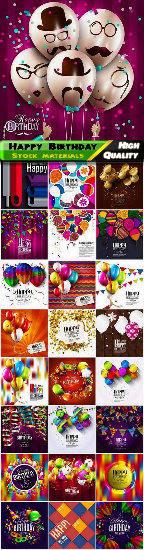 Happy Birthday holiday card with balloon flag confetti - 25 Eps
