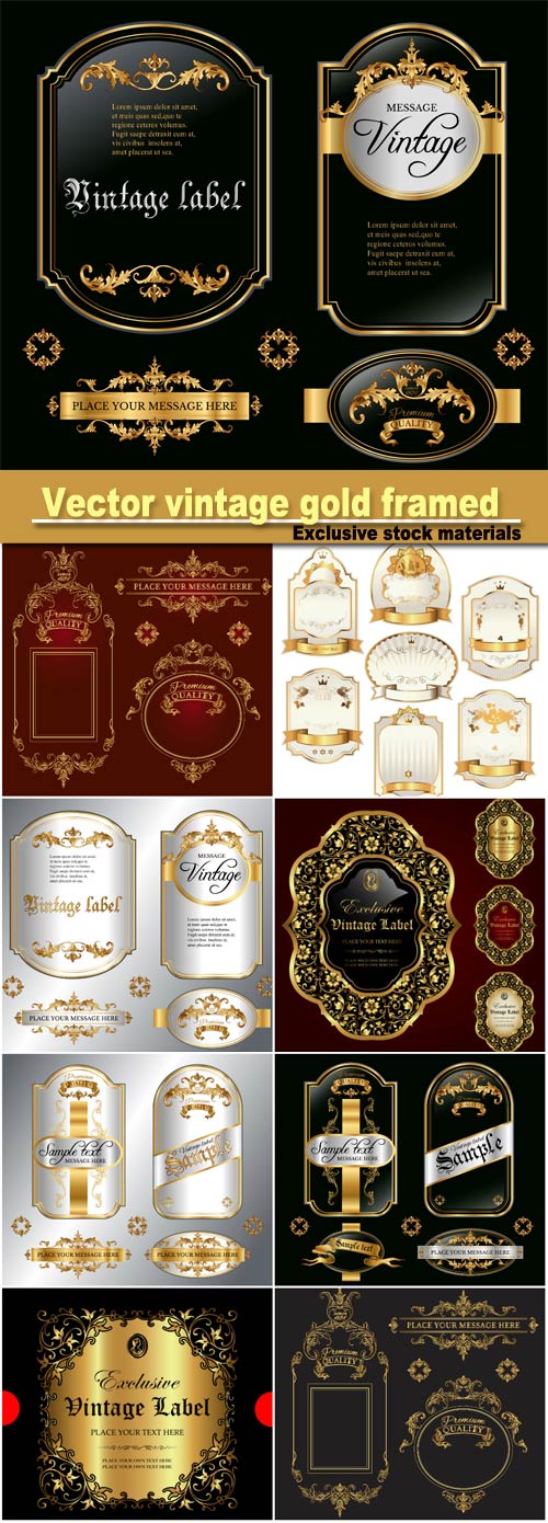 Vector vintage gold framed labels set, baroque style premium quality label collection