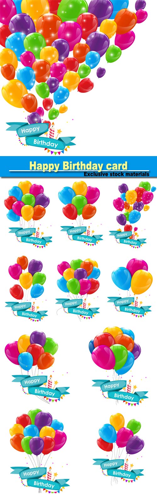 Happy Birthday card template with balloons, ribbon and candle