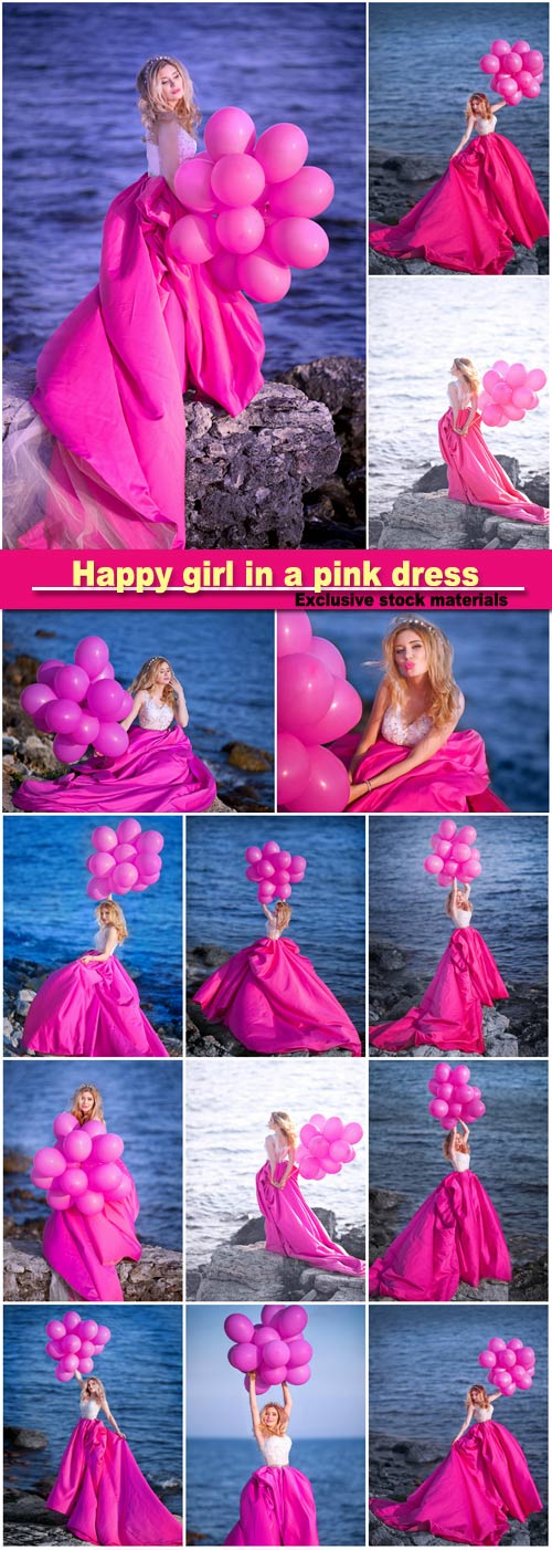 Happy girl in a pink dress with balloons is standing on the background of the waterfront