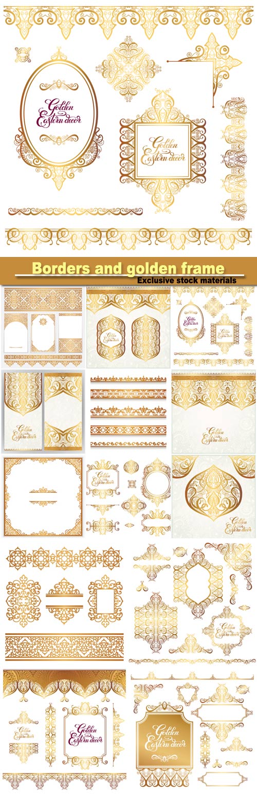 Floral vintage gold borders and golden eastern decor frame elements, paisley pattern