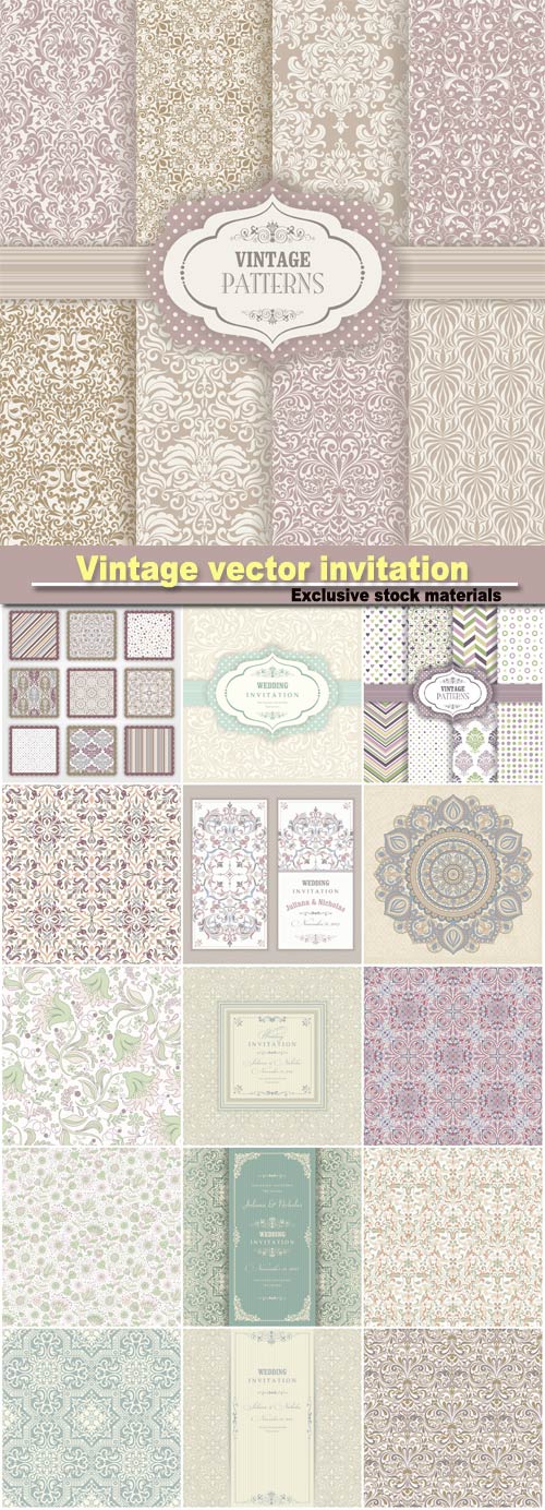 Vintage vector invitation with patterns, seamless textures
