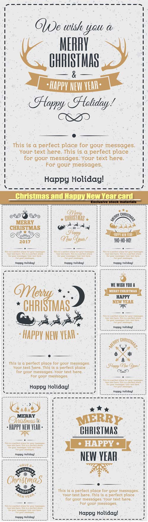 Christmas and Happy New Year card, gold color style, vintage christmas label
