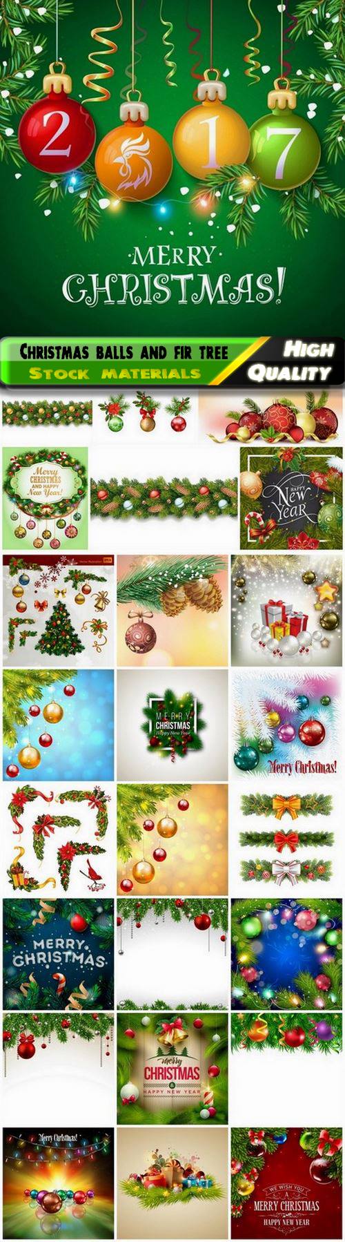 Christmas balls and fir tree branches for holiday card decor - 25 Eps