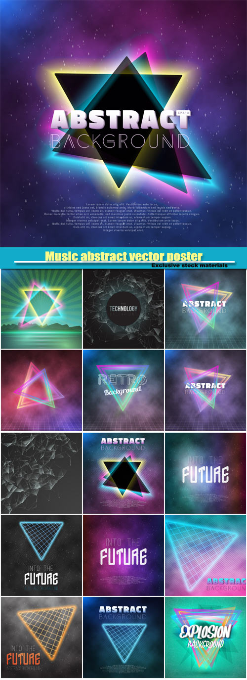 Music abstract vector poster, neon retro disco template