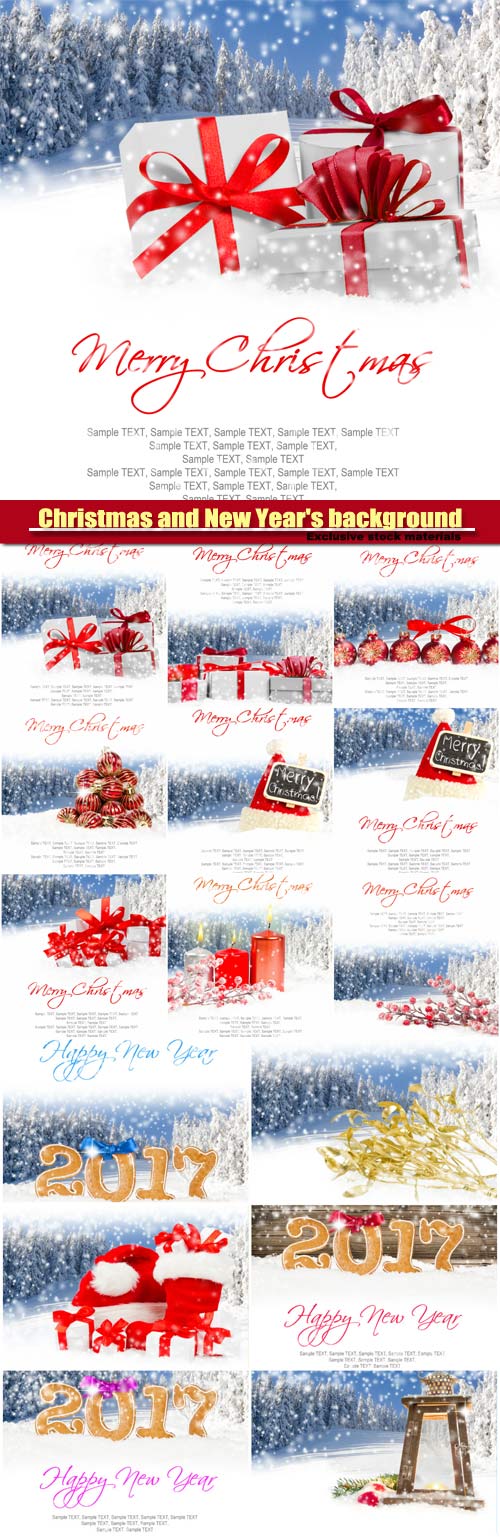 Christmas and New Year's background, gifts with colorful ribbons, falling snow