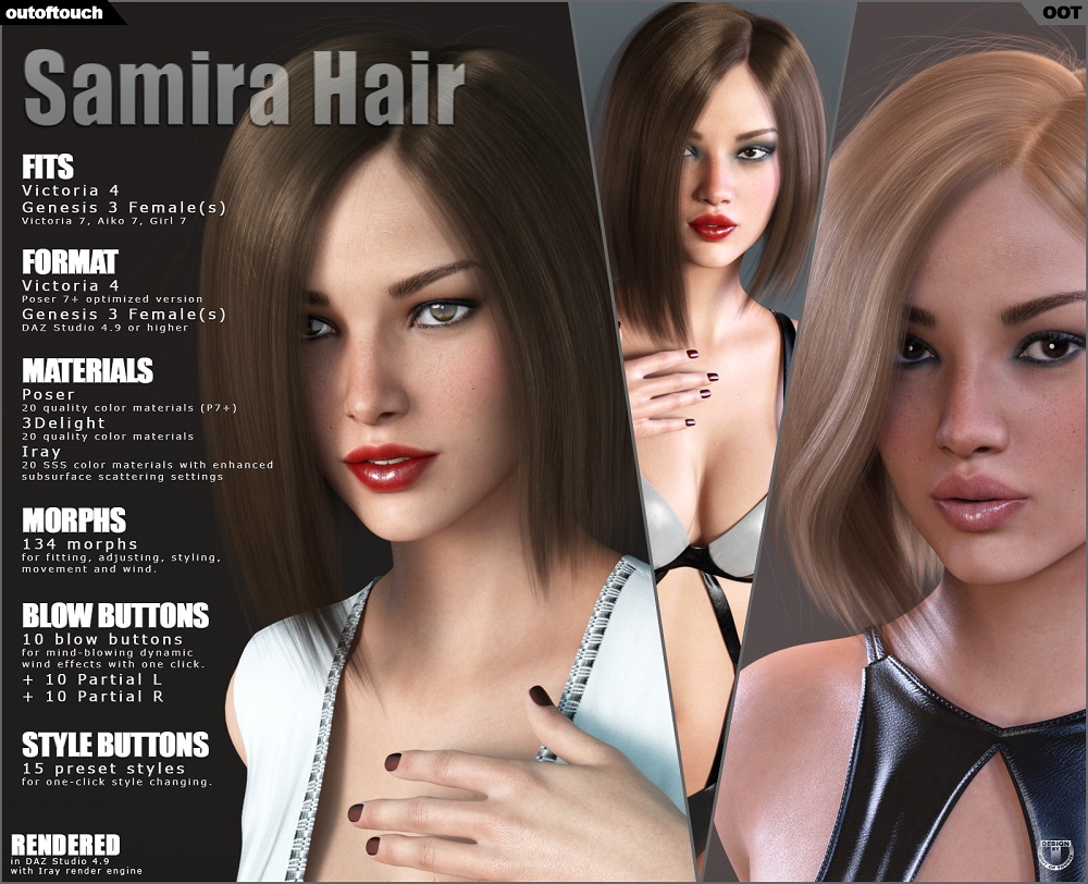 Samira Bob Hair for Victoria 4 and Genesis 3 Females (G3F only)