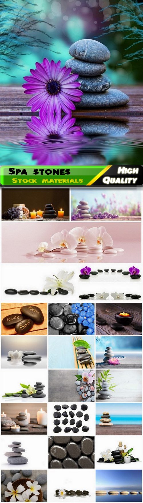 Black smooth spa stones with flower for relax massage 25 HQ Jpg