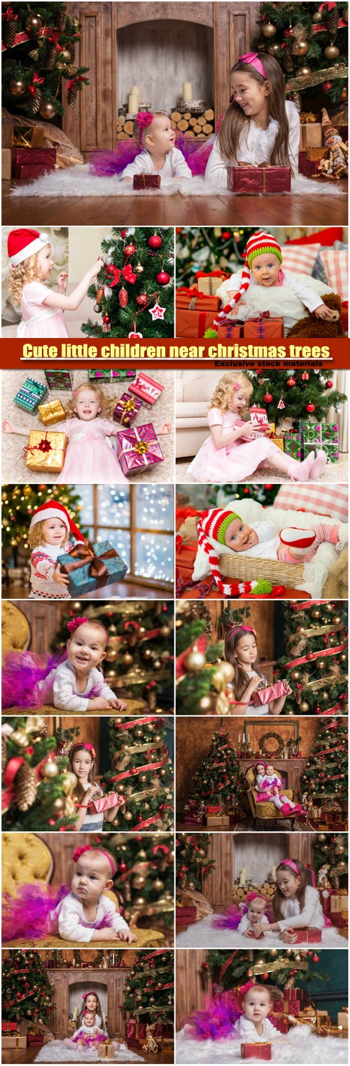 Cute little children near christmas trees opens gift