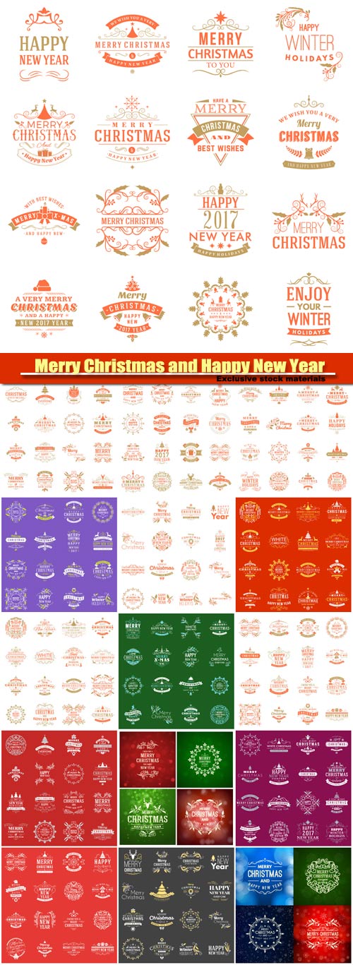 Merry Christmas and Happy New Year, decorative elements vector