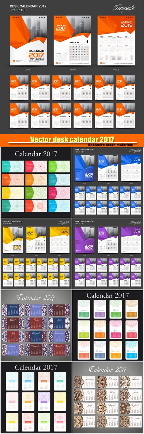 Vector desk calendar 2017 with decoraive elements