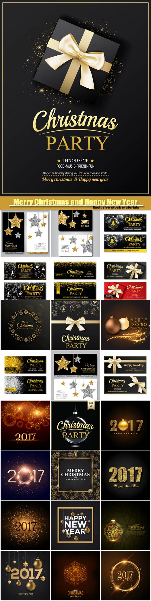 Merry Christmas and Happy New Year vector, invitation party banner, card design template, gold glittering