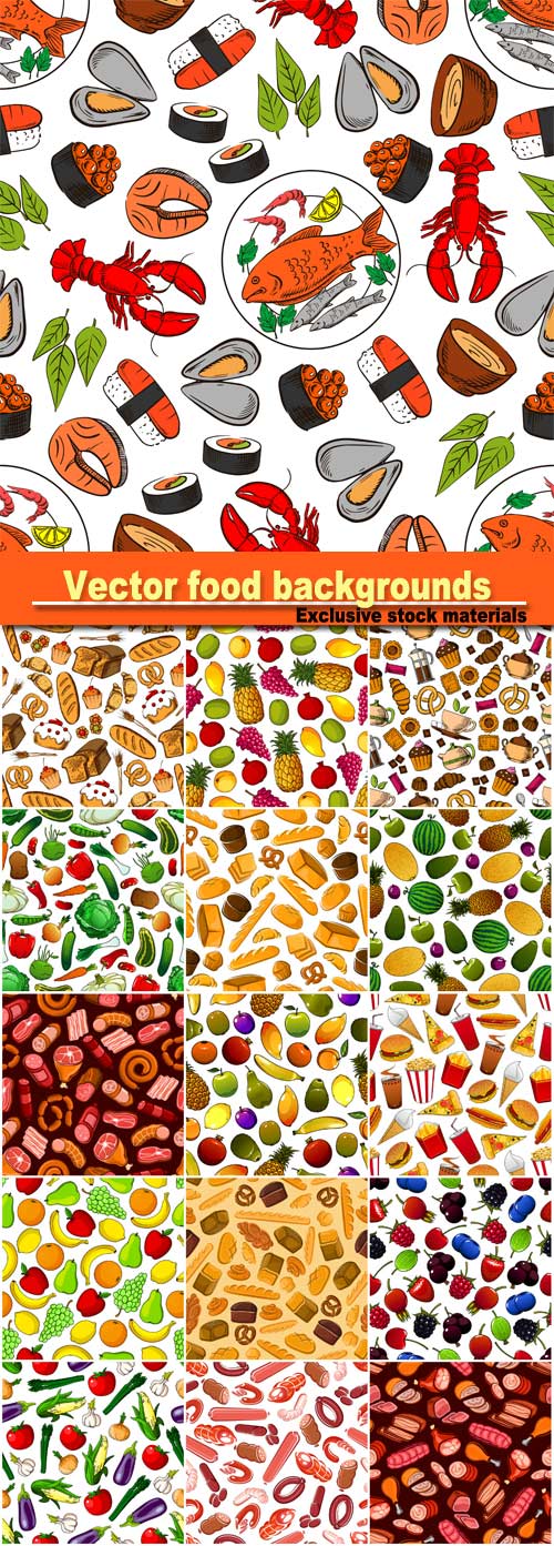 Seamless vector backgrounds food, fruits and vegetables, meat products, sea ...