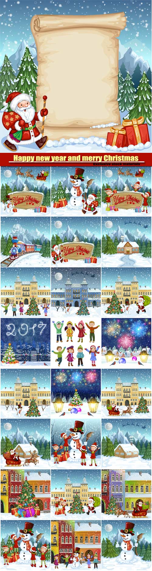 Happy new year and merry Christmas vector, winter town, children with snowm ...
